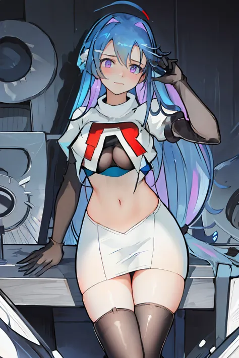 best quality, masterpiece, highres, solo, {helena_azurlane:1.15}, blue_hair, long_hair, ahoge, purple_eyes, breasts, blush, bangs, hair_ornament, medium_breasts, hair_between_eyes, 1girl, looking_at_viewer, large_breasts, team rocket,team rocket uniform,wh...