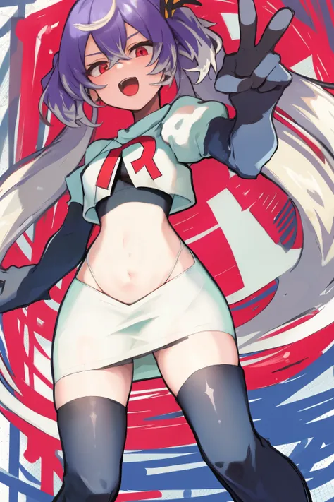 masterpiece, detailed, high quality, absurdres, shisuikiki, 1girl, solo, small breasts, curvy, cowboy shot, team rocket,team rocket uniform,white skirt,red letter R,crop top,black thigh-highs,black elbow gloves