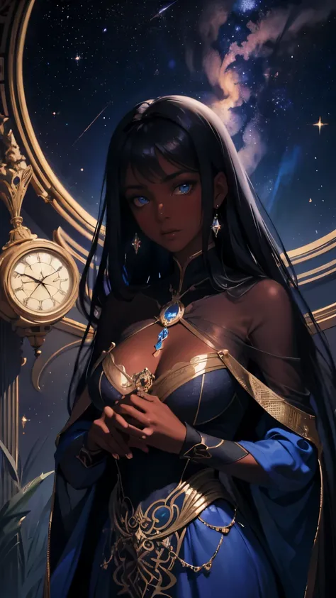 Pino Daeni, (1golden filigree clock), ((beautiful black Ethiopian woman )) clear defined facial features, soft black hair, stunning blue eyes, attractive hourglass figure, fitted blue sheer wrap dress, celestial, astrotraveler, painted illustrations, flare...