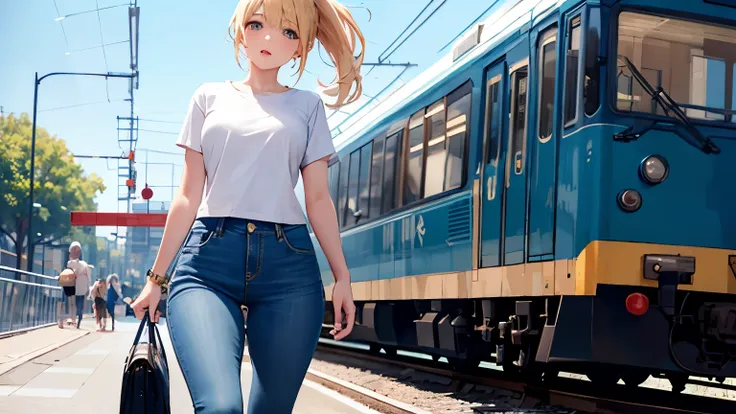 ((best quality)), ((masterpiece)), (detailed), beautiful blond ponytail woman in jeans and white t-shirt exiting the train to train platform, tall beautiful legs