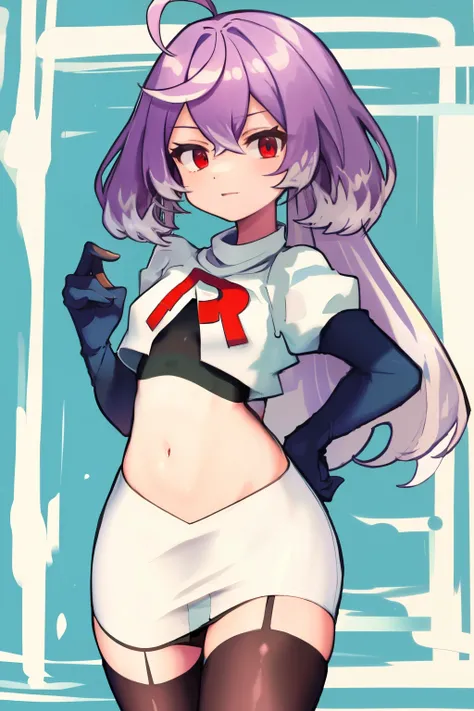 masterpiece, detailed, high quality, absurdres, shisuikiki, 1girl, solo, small breasts, curvy, cowboy shot, team rocket,team rocket uniform,white skirt,red letter R,crop top,black thigh-highs,black elbow gloves