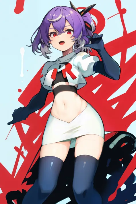 masterpiece, detailed, high quality, absurdres, shisuikiki, 1girl, solo, small breasts, curvy, cowboy shot, team rocket,team rocket uniform,white skirt,red letter R,crop top,black thigh-highs,black elbow gloves