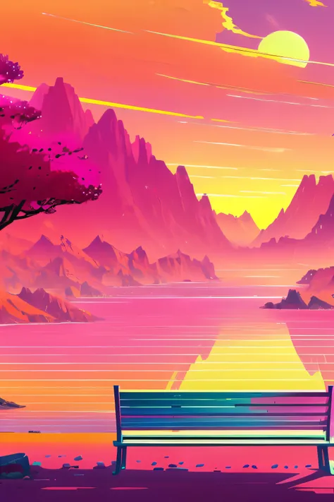 A man sits on a bench and looks out over the river, sunset illustration, pink landscape, arte de fundo, Landscape illustration, firey environment, Anime landscape, hyper light drifter color pallet, pink skies, background artwork, warm color scheme art rend...