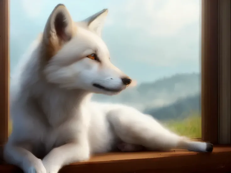 Painting of a white dog, looking at something out the window, White fox, hyper realistic fur, furry fantasy art, portrait of an anthropological fox, dramatic cinematic detailed fur, vampire White fox, white-haired fox, hyperrealistic fantasy art, very real...