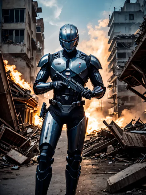 capacete completo, cyborg robocop mechanic, com arma, Corpo todo, em ruinas, on the film poster