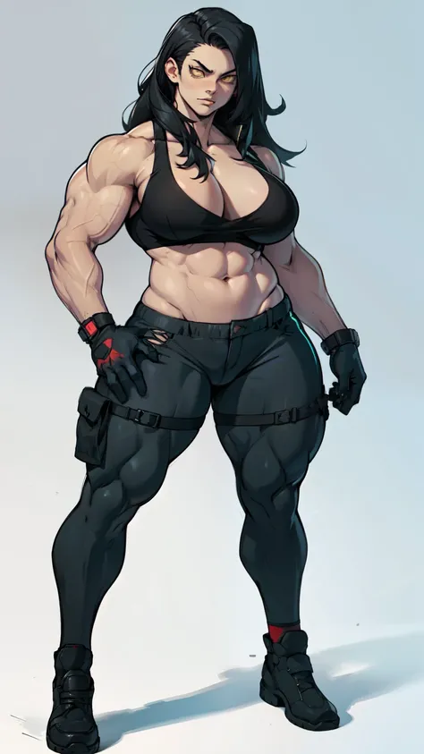 girl solo standing (((muscular girl toned body large breasts thick))) yellow eyes black hair pale skin perfect anatomy perfect anatomy perfect anatomy best quality best quality