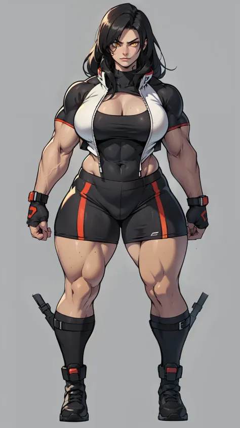 girl solo standing (((muscular girl toned body large breasts thick))) yellow eyes black hair pale skin perfect anatomy perfect anatomy perfect anatomy best quality best quality full body