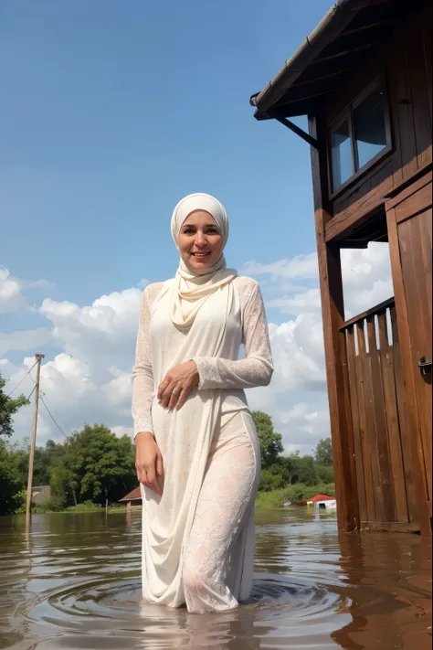 a 53-year-old white hijab mother playing in flood waters in her village, white lace panties, very skinny and flat chest