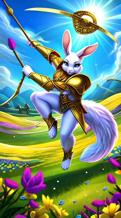 zoomed out image, fantasy style art, a shapely female white bunny with blue eyes, big poofy tail, long eyelashes, wearing a fantasy style suit of golden armor, swinging a fantasy golden sword, action pose, stunning visuals, in a grassy valley with colorful...