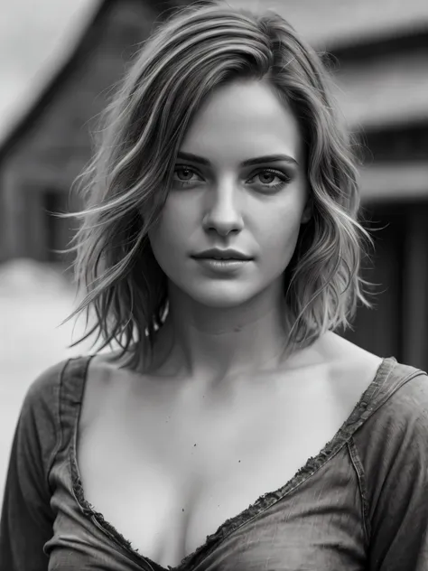 Photorealistic, Masterpiece photo in shades of gray, woman with disheveled hair and bad torn clothes, Sweet sexy, (detailed medieval background), Ultra sharp focus, detailed FACE, (((posing))),  random hair color, Short hair, beautiful eyes, whole body, hi...