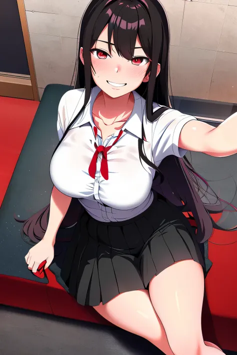 sweat, full-face blush,corruption,Red Eyes,Sparkling eyes, looking at viewer, (happy, smirk,smug, teeth,smile ),heavy breathing,Age 18 year, large breasts,black skirt,
anime girl in a short skirt and white shirt posing for a picture, an anime drawing by Ji...