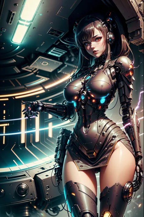  female cyberpunk anime girl, a beautiful alluring female cyborg, a girl in mecha cyber armor, with open breasts and a short dress