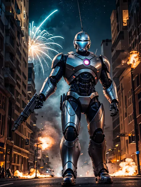 explosions, roupas brancas, capacete completo com viseira , terminador cromado branco como robocop como ciborgue, com arma grande, rebites, an oil painting, rebites, as cores neutras, Paulo Hedley , feliz, action movie poster, belas artes. royo. Vista comp...