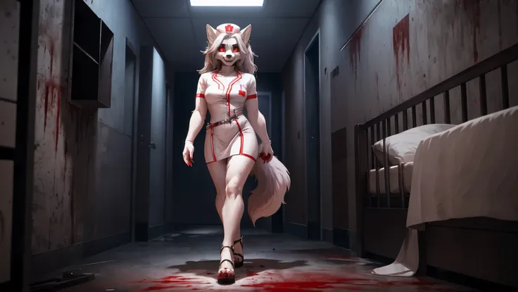 loona, wearing white leather nurse outfit, high white leather heels, nurse hat, red iris, white sclera, scary, horror, bloody, m...