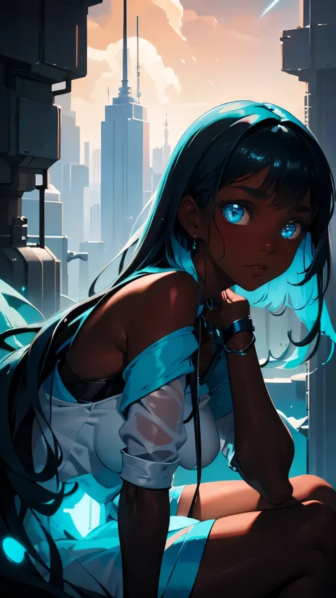 pretty black woman sitting on a hillside, soft hair, funkypop, cyberdelic, grunge, hyperrealistic anime, lofi art, luminism, man...