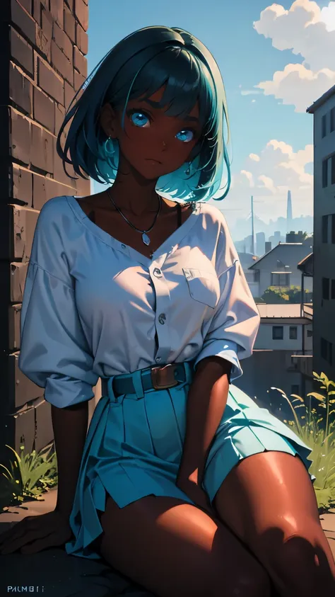 pretty black woman sitting on a hillside, soft hair, funkypop, cyberdelic, grunge, hyperrealistic anime, lofi art, luminism, man...