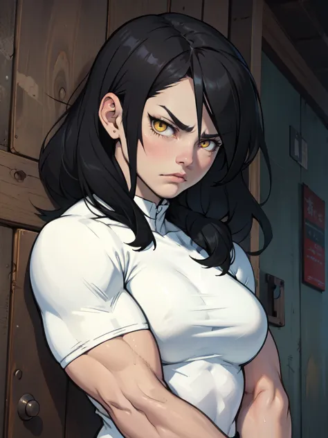 sad frown muscular girl muscular girl black hair yellow eyes pale skin breasts 