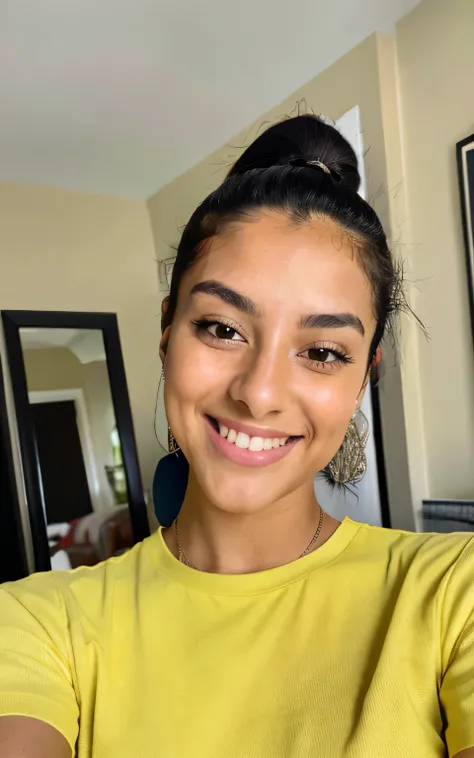 photorealistic, sharp focus, raw photo,  photo, beautiful 20 y.o latina-spanish girl, , detailed skin poreace texture, pores, (goosebumbs:0.7), photorealistic, beautiful 20 y.o latina-spanish girl, in barthroom selfie, wearing yellow shirt, smiling towards...