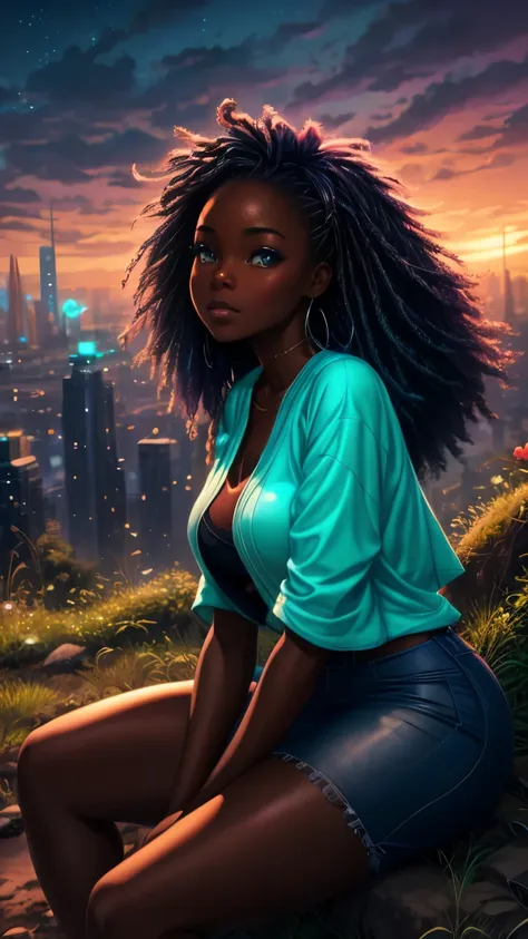 pretty black woman sitting on a hillside, soft hair, funkypop, cyberdelic, grunge, hyperrealistic anime, lofi art, luminism, man...