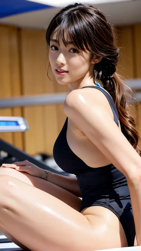 (((first person))),(((Beautiful athlete running hard on a treadmill in an indoor gym))),(((A competitive track and field athlete who wears a black tankini and knee-length running spats.))),(((muste piece:1.6))),(((Ulsan-6500))),(((perfect anatomy:1.6))),((...