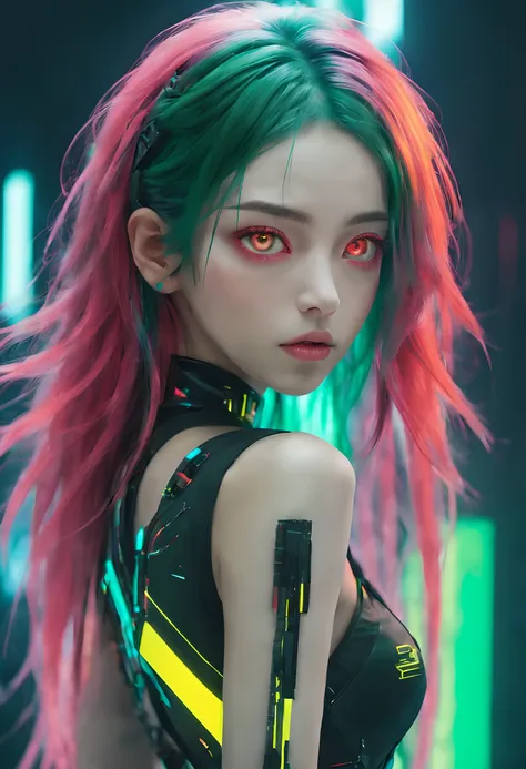 solo, 1girl, full body nude, (electric red green hair), (electric yellow eyes), ((Cyber punk outfit)), (symmetrical eyes), (Perfect face), (Perfect Anatomy), (looking at viewer), (cyber shot), ((Glitch Art background)), (glitch art:1.3) ((glitch effect)), ...