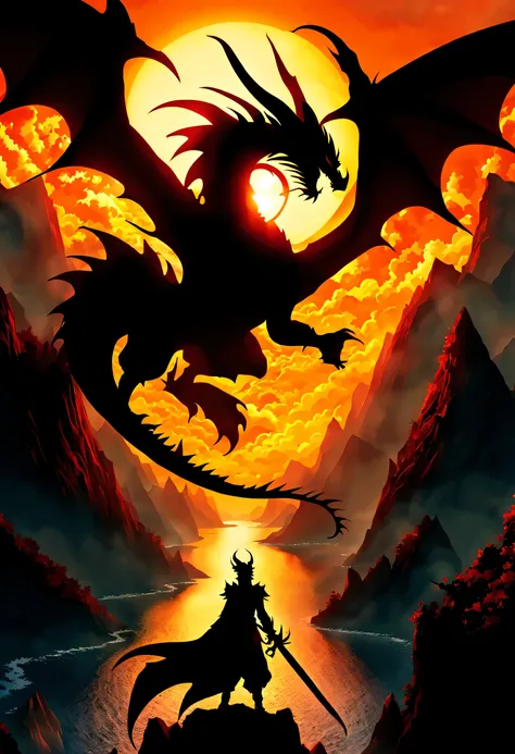 (Silhouette Art:1.3),fantasy art, dnd art, RPG art, wide shot, (masterpiece: 1.4) a (silhouette: 1.5) of a dragon that spread his wings on top of a mountain as the sun rises at dawn behind him. reflection light, high details, best quality, 16k, [ultra deta...