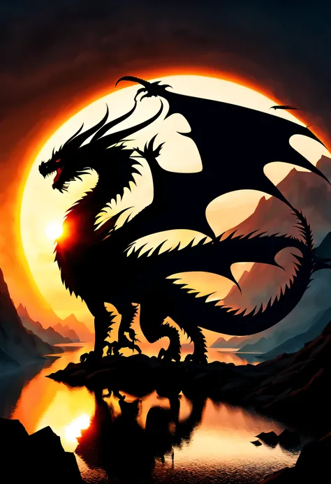 (Silhouette Art:1.3),fantasy art, dnd art, RPG art, wide shot, (masterpiece: 1.4) a (silhouette: 1.5) of a dragon that spread his wings on top of a mountain as the sun rises at dawn behind him. reflection light, high details, best quality, 16k, [ultra deta...