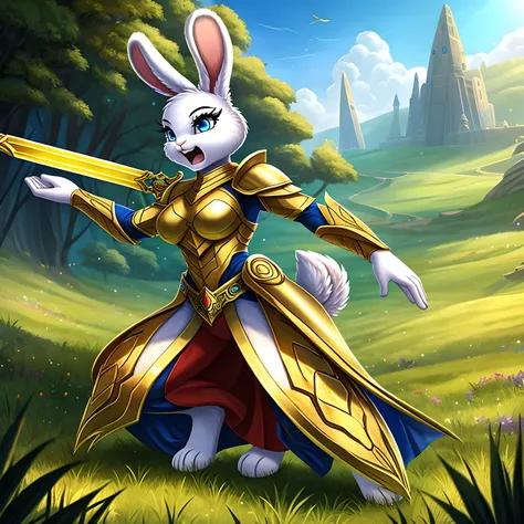 zoomed out image, fantasy style art, a shapely female white bunny with blue eyes, raised ears, poofy rabbit tail, long eyelashes, heroic look, shouting, wearing a fantasy style suit of golden armor, grasping a fantasy golden sword, stunning visuals, in a g...