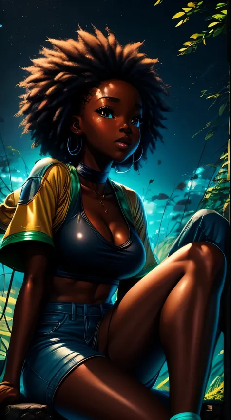 pretty black woman sitting on a hillside, soft hair, funkypop, cyberdelic, grunge, hyperrealistic anime, lofi art, luminism, man...