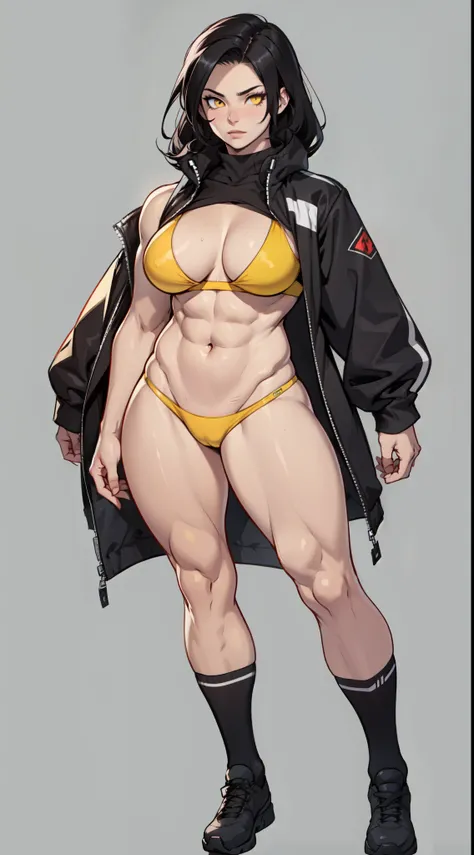 muscular girl muscular girl black hair yellow eyes pale skin large breasts full body toned body perfect anatomy