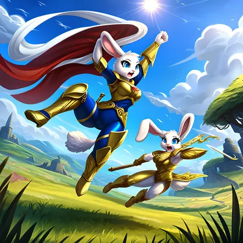 zoomed out image, fantasy style art, a shapely female white bunny with blue eyes, raised ears, poofy rabbit tail, long eyelashes, heroic look, shouting, wearing a fantasy style suit of golden armor, swinging a fantasy golden sword, action pose, stunning vi...