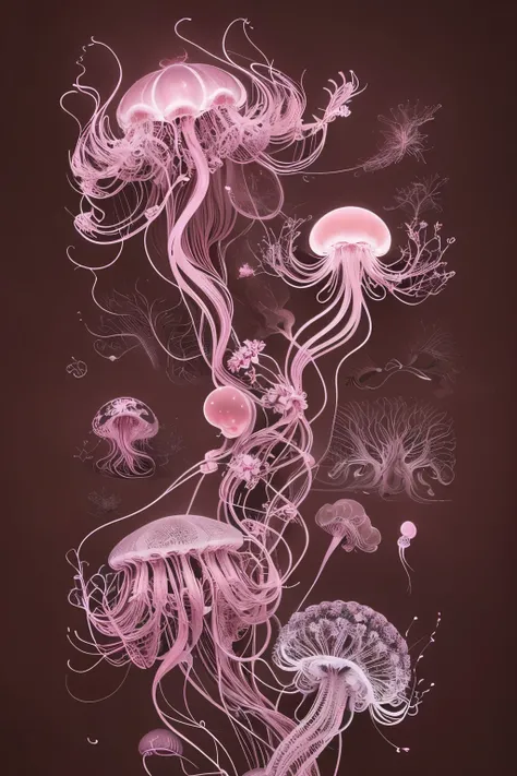 painting of a jellyfish with pink tentacles and flowers floating in the ocean, thorns plants flower, sea like jelly, jellyfish fractal, cyberpunk jellyfish, beeple and james jean, jellyfish headdress, jellyfish, james jean andrei riabovitchev, flowing tend...