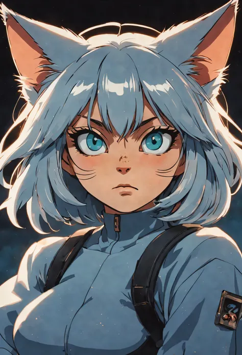 1990s anime sci-fi kooky cat female, full detailed eyes, action pose, Toriyama, Miyazaki