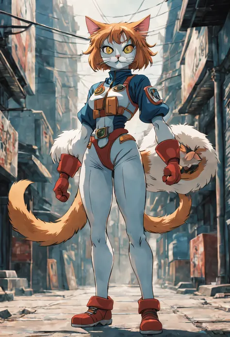 Full Body Shot, 1990s anime sci-fi kooky cat female, full detailed eyes, action pose, Toriyama, Miyazaki