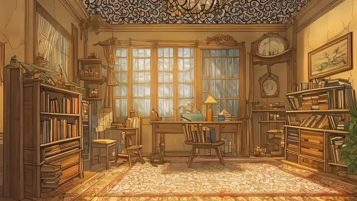 cozy room, anime style, drawing, old school furniture,