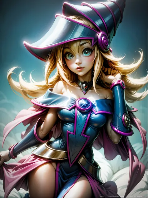 1girl, solamente,Lindo, , sentado sobre el agua, HMDMG1, Sombrero de mago, escote, hombros desnudos, vestido, fuera del hombro, magica, Mistro, particuls, corazones, amar,Molienda, Detalles altos, Arte digital, Obra maestra,,Lindo,hermosos ojos, Magia