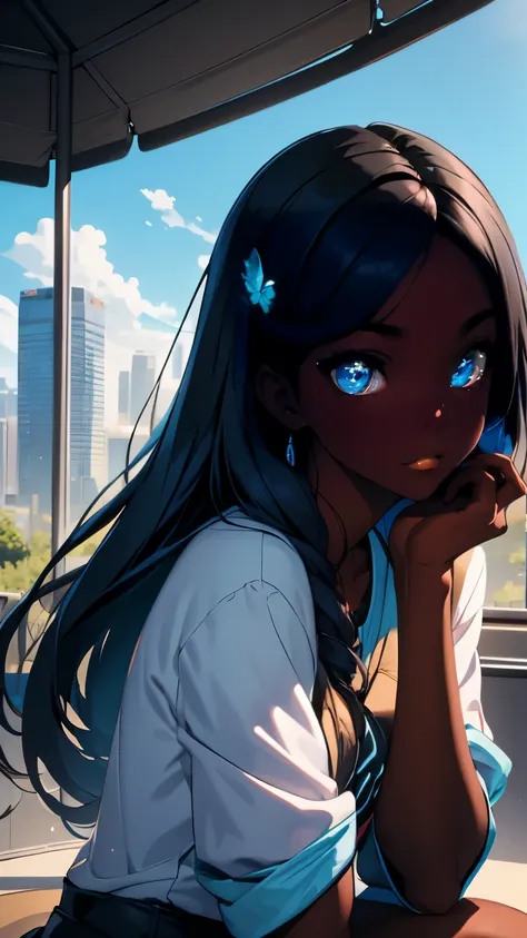 pretty black woman sitting on a hillside, soft hair, funkypop, cyberdelic, grunge, hyperrealistic anime, lofi art, luminism, man...