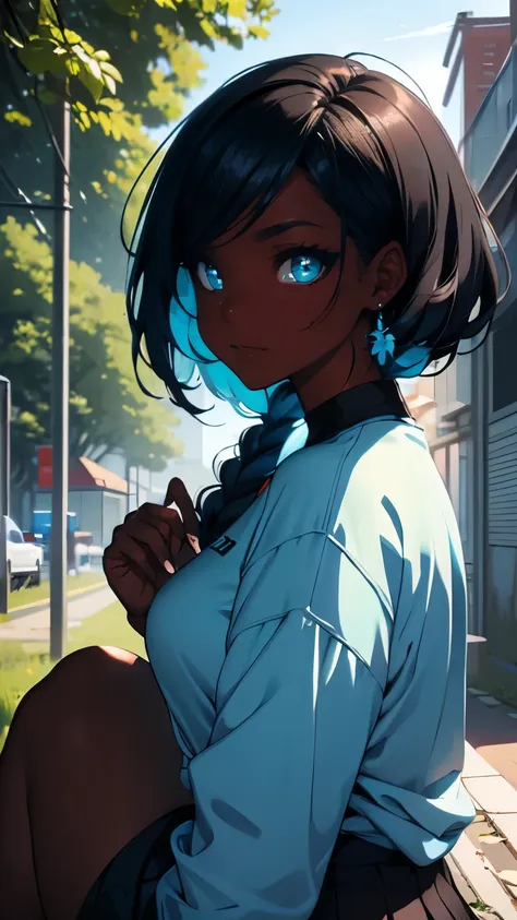 pretty black woman sitting on a hillside, soft hair, funkypop, cyberdelic, grunge, hyperrealistic anime, lofi art, luminism, man...