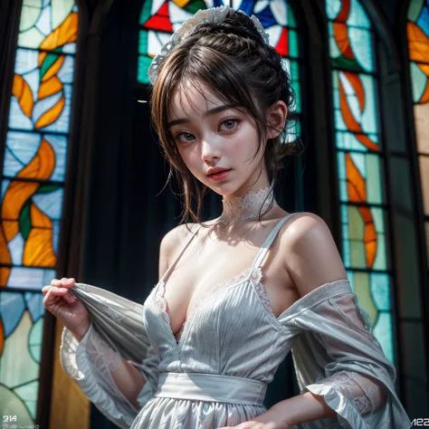 SFW, concept art, Tiny junior idol, Delicate lace knitted white clothes, (nipple:-0.9), face closeup, ((Dazzling stained glass Background)), (((Renbutsu Misako), colorful Light shines through stunning elaborate stained glass:1.2, vivid Red colors, lense Pa...