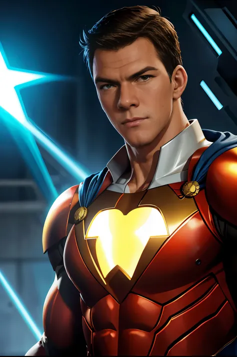 shazam from dc comics.  with the face of alan ritchson..red uniform.white cape bright lightning on the chest.  yellow metallic d...