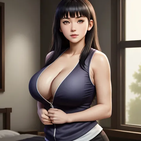 Masterpiece, highres, high Quality, detailed face, detailed body render, 1girl, solo, hyuuga hinata, hinata-sleeveless-outfit, large breasts, big breast, sleeveless shirt, shirtless, fishnet top, dark lips, unzipped jacket, no bra, breasts out, nipple, sta...