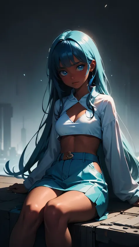 pretty black woman sitting on a hillside, soft hair, funkypop, cyberdelic, grunge, hyperrealistic anime, lofi art, luminism, man...