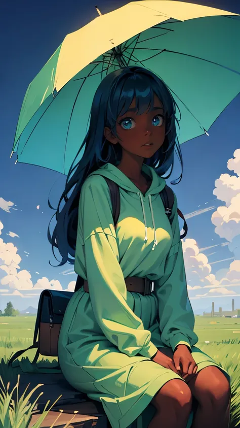 pretty black woman sitting on a hillside, soft hair, funkypop, cyberdelic, grunge, hyperrealistic anime, lofi art, luminism, man...