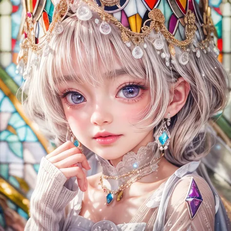 concept art, Tiny junior idol, Delicate lace knitted white wear, Glossy Red lips and tongue, (Exposed:0.9), (nipple:-0.9), (dynamic closeup, (Dazzling stained glass Background)), (((Renbutsu Misako), colorful Light shines through stunning elaborate stained...