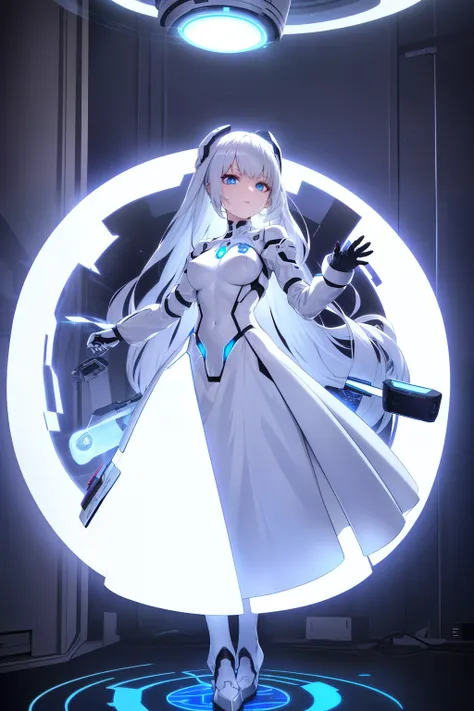 1girl, mass-produced android housewife, display case, White hair, blue eyes, glowing eyes, silver dress, remote-controlled, brainwashed, attention, hollow eyes, full body