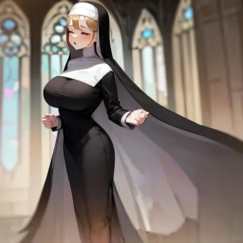 (solo 1 praying cute nun:1.3) standing in church, praying with holding hands together over chest, very thin, (black sheer long d...