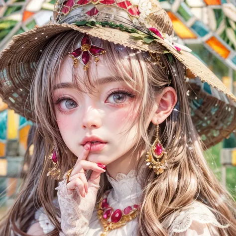 SFW, concept art, Tiny junior idol, Delicate lace knitted white wedding dresses, Glossy Red lips and tongue, (Exposed:0.9), (nipple:-0.9), (dynamic closeup, (Dazzling stained glass Background)), (((Renbutsu Misako), colorful Light shines through stunning e...