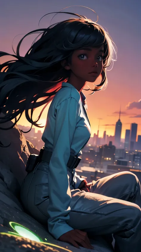 pretty black woman sitting on a hillside, soft hair, funkypop, cyberdelic, grunge, hyperrealistic anime, lofi art, luminism, man...