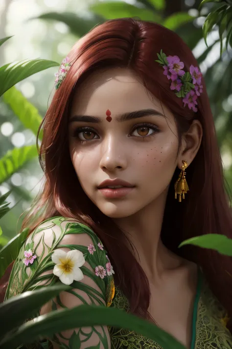 fashion photography portrait of indian girl with red hair, in lush jungle with flowers, 3d render, cgi, symetrical, octane render, 35mm, bokeh, (intricate details:1.12), hdr, (intricate details, hyperdetailed:1.15), (natural skin texture, hyperrealism, sof...