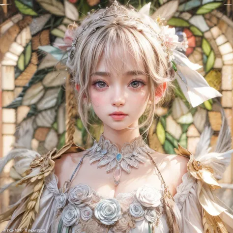 SFW, concept art, Tiny junior idol, Delicate lace knitted white clothes, (Exposed:0.9), (nipple:-0.9), (dynamic closeup, (Dazzling stained glass Background)), (((Renbutsu Misako), colorful Light shines through stunning elaborate stained glass:1.2, vivid Re...